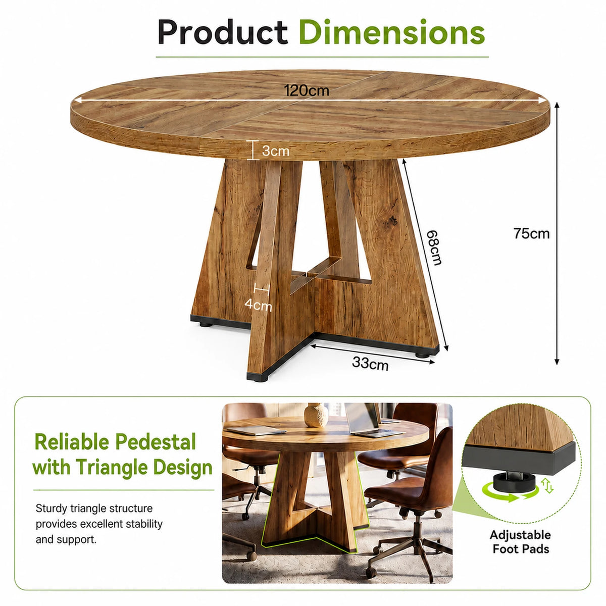 Table à manger ronde Lantine 120 cm - Table de cuisine de style rustique pour 4 personnes - Structure métallique robuste - Finition rustique