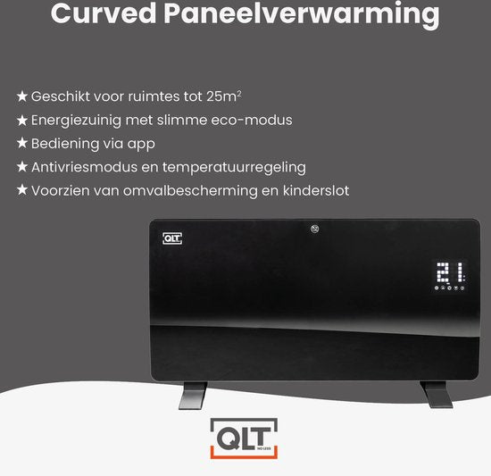 QLT Panneau chauffant en verre incurvé - Chauffage électrique avec App Control - Chauffage de salle de bain avec thermostat et antigel - 2000 Watts - Noir