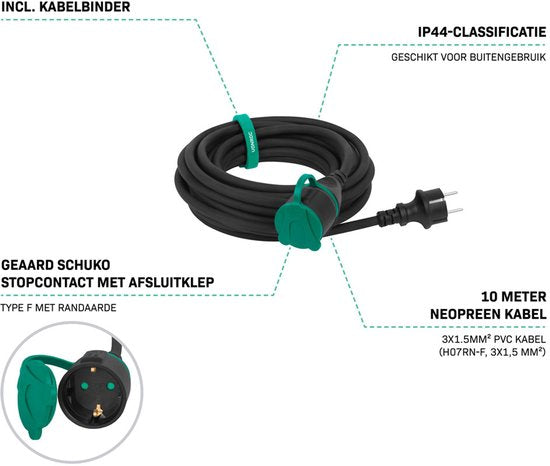 VONROC PRO Câble d'extension 10m - IP44 - Câble néoprène H07RN-F 3x1,5 mm² - Attache de câble incluse (câble d'extension)