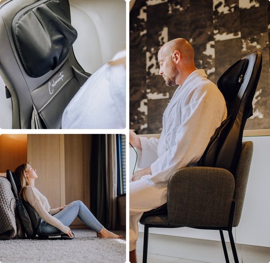CALMENTA® Chaise de massage shiatsu - Sac de rangement - Appareil de massage pour le dos et le cou - Coussin de massage - Massage par compression - Fonction de chaleur électrique - Vibration - Douleurs du dos et du cou - Tapis de massage