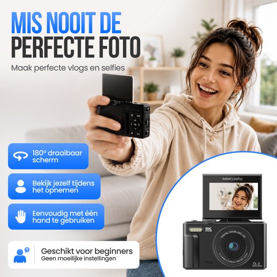Appareil photo numérique Strex 5K 75 MP - Appareil photo - Appareil photo compact avec Wi-Fi - Appareil photo pour vlog - Appareil photo pour enfants - Zoom 18x - Écran orientable - Noir