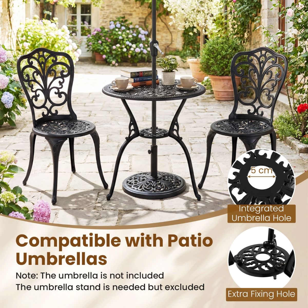 Ensemble de bistrot Coast 3 pièces - aluminium moulé - trou pour parasol - dossiers en forme de papillon - noir