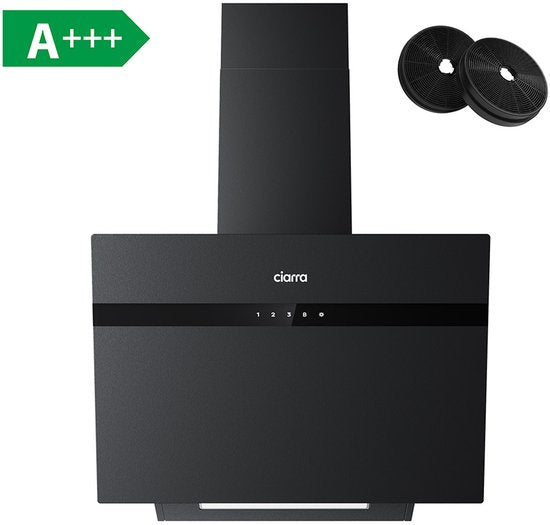 CIARRA CBCG6736H-G Hotte aspirante inclinée 60 cm, noire – Verre dépoli anti-traces de doigts – Avec Wi-Fi – Jeu de filtres à charbon inclus – 650 m³ – Classe énergétique A+++