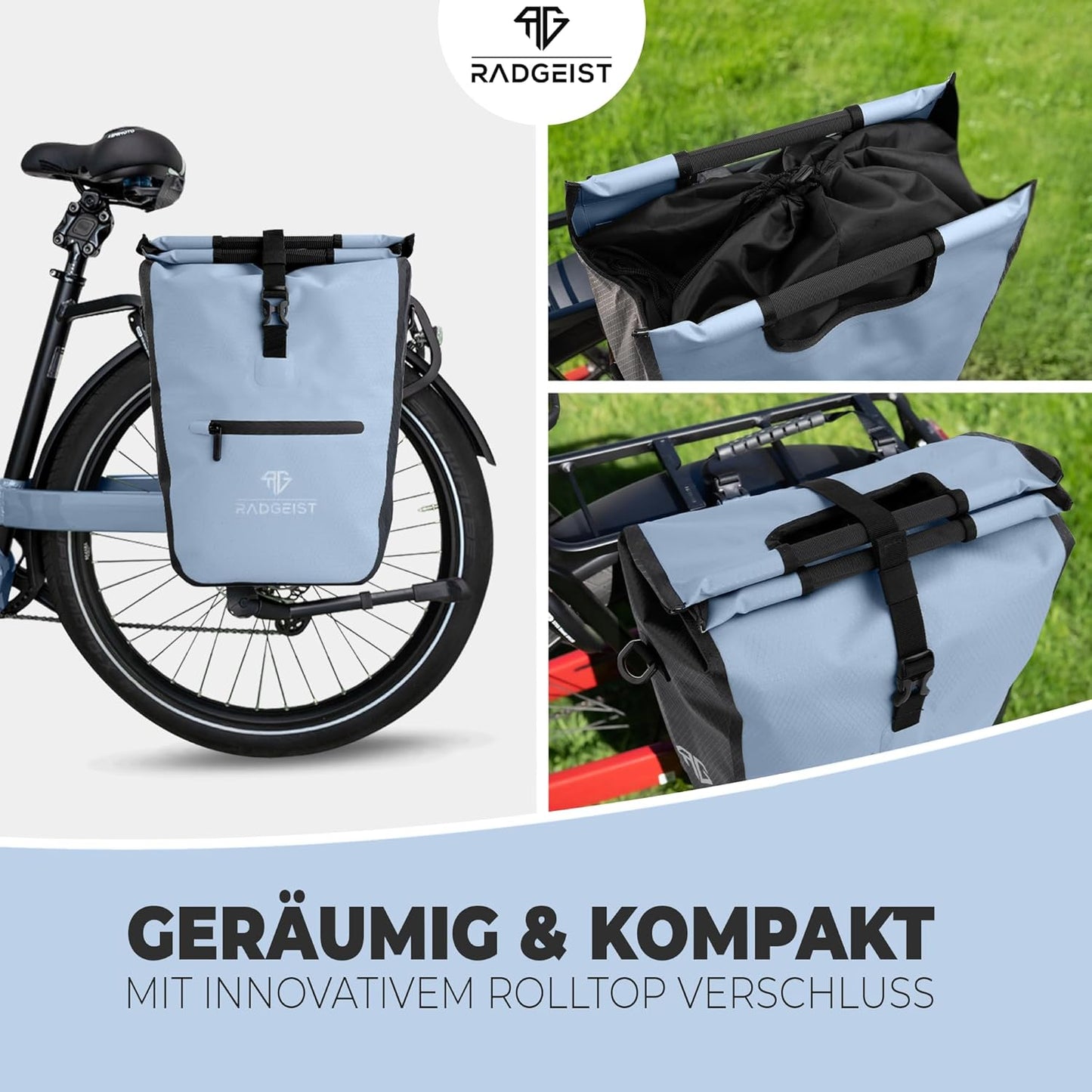 RADGEIST sacoche vélo pour porteur I sacoche vélo shopper avec sac isotherme amovible I sac shopping & sac shopping 22-28 litres - bleu