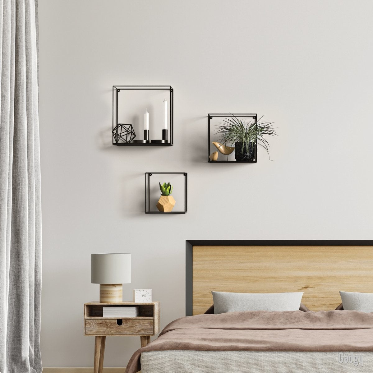 Gadgy Wandrekken Industrieel - Set van 3 - Vierkant Wandrek Zwart - Wanddecoratie Woonkamer - Muurdecoratie Metaal - Wandplank zwevend voor Slaapkamer - 32, 27 en 22 cm