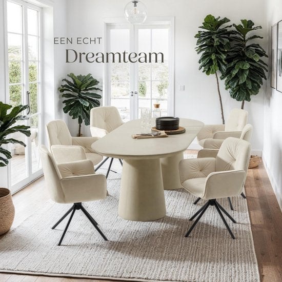 tectake® Chaise pivotante Lenia - Lot de 2 chaises pivotantes avec accoudoir - Chaise de salle à manger pivotante - Fauteuils pivotants - Tapissé - Velours aspect crème/noir