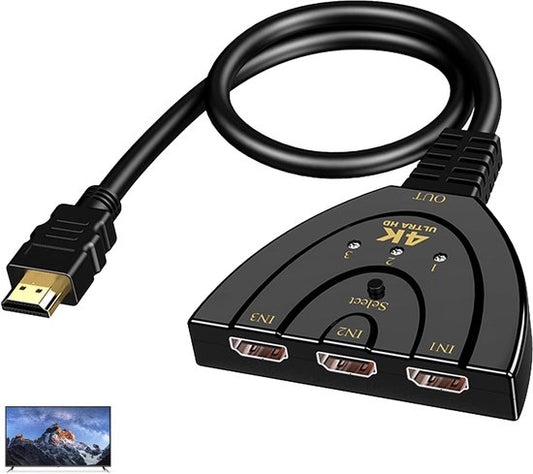 Répartiteur HDMI - Commutateur HDMI - 4K Ultra HD - 3 entrées - 1 sortie - Répartiteur HDMI - Haute vitesse, 3 ports - Répartiteur 3-en-1 - compatible avec les téléviseurs, PC, Roku, Fire TV Stick, Xbox, PS5, PS4, lecteurs Blu-Ray, projecteurs et écrans H