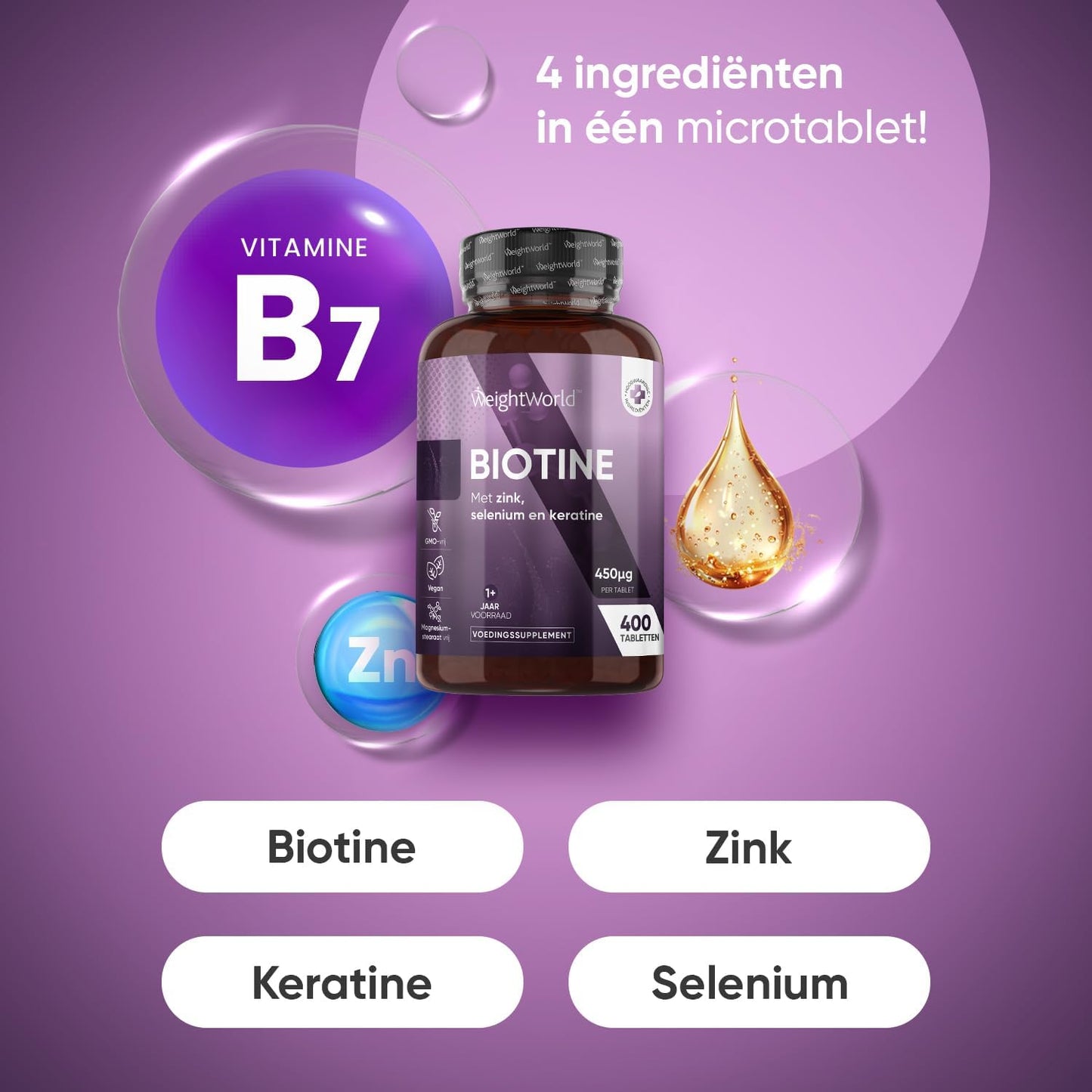 WeightWorld Biotin, Zinc, Selenium & Keratin Comprimés - 400 Micro-comprimés végétaliens (Ø 6 mm) - 1+ Year Supply - 15 mg Zinc & 25 mg Keratin