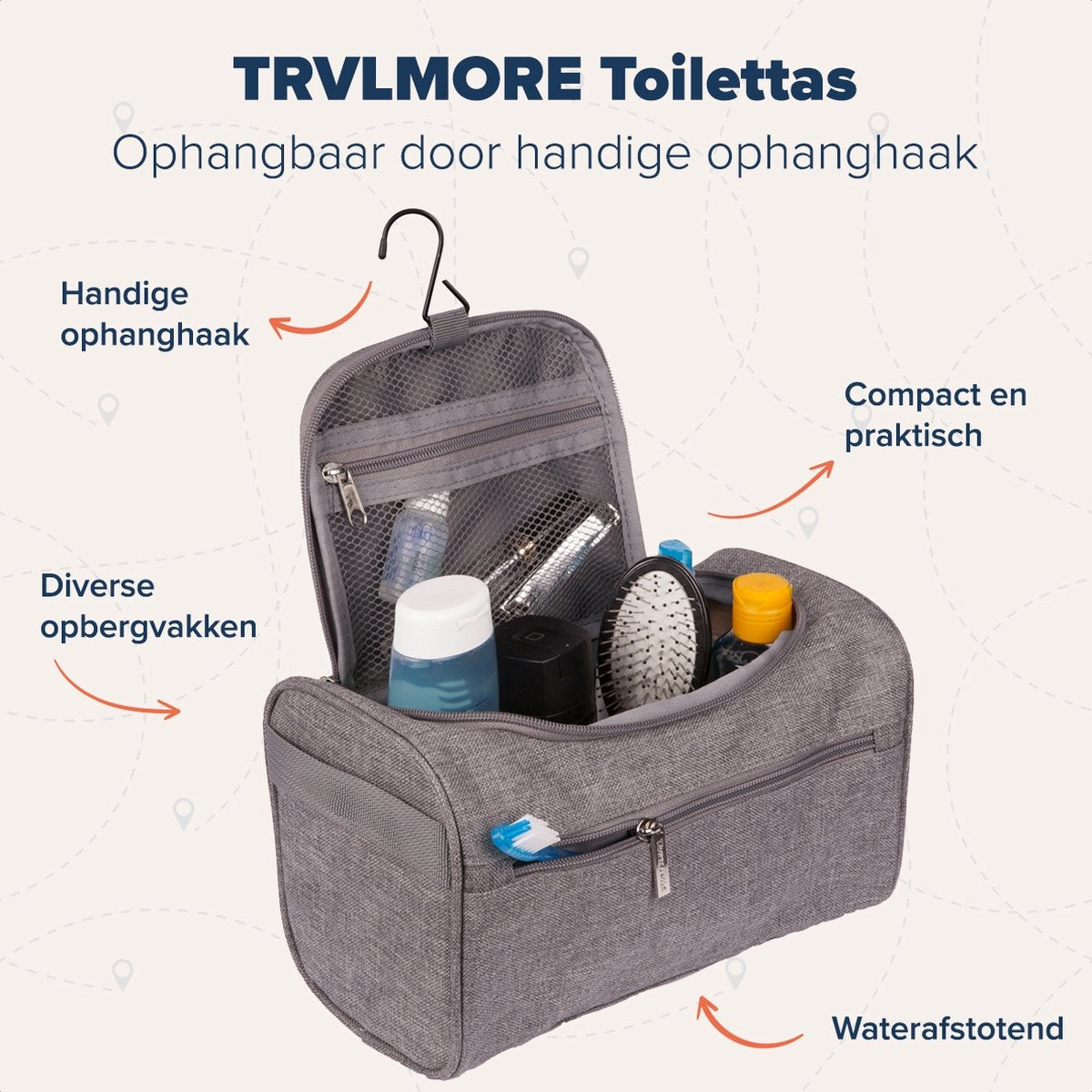 TRVLMORE Trousse de toilette suspendue - Organisateur de voyage avec crochet - Unisexe - Gris