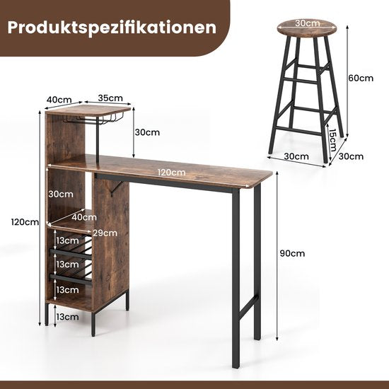 Table de bar Coast avec tabouret de bar, ensemble pour 2 personnes, avec porte-verres à vin et porte-bouteilles, comptoir pour le salon, la salle à manger et la cuisine (couleur café)