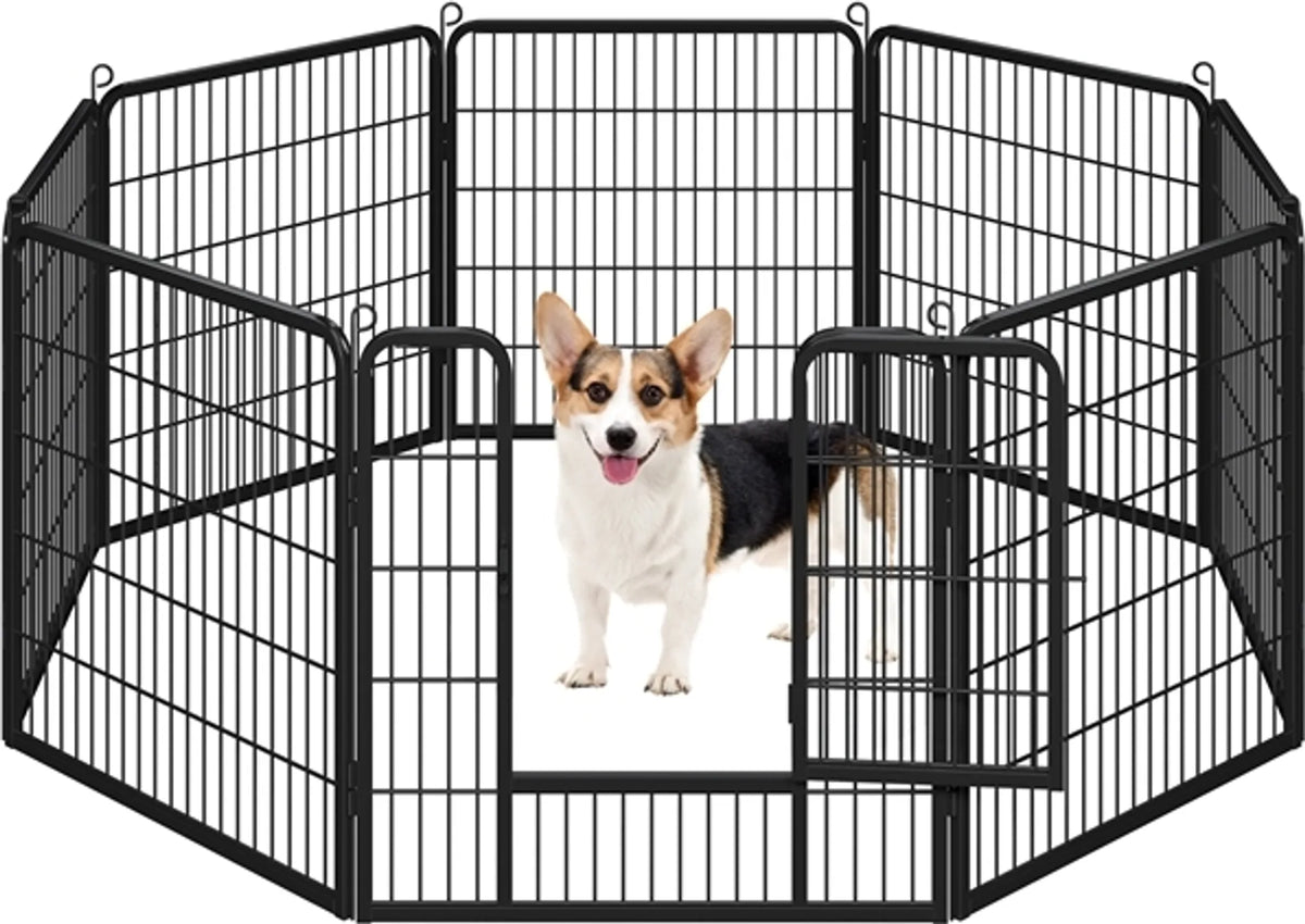 Enclos pliable pour chiens et chiots Yaheetech, 8 éléments, avec porte et piquets de fixation, hauteur 80 cm – Noir – Métal
