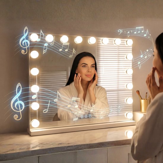 Miroir Bayt Hollywood - Miroir de maquillage - Miroir - Miroir Hollywood 80 x 60 - Intensité réglable - Grossissement 10x - Avec éclairage et Bluetooth - Port USB - 80 x 60 - Blanc