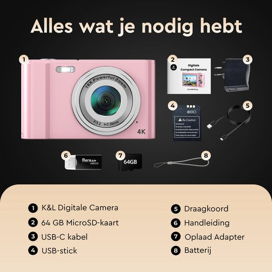 K&L Digital Camera 4K - 64MP - Caméra - Caméra compacte - Caméra Vlog - Pour les enfants - Comprend 64GB - NL Software