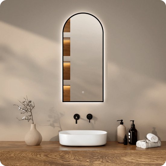 Miroir de salle de bains Mirlux avec éclairage LED et chauffage – Miroir mural Arch – Miroir de douche anti-buée – 45 x 100 cm