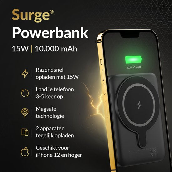 Surge Wireless Powerbank 10000mAh - compatible Magsafe - Chargeur rapide 22,5W - Convient à l'iPhone 12, 13, 14, 15, 16