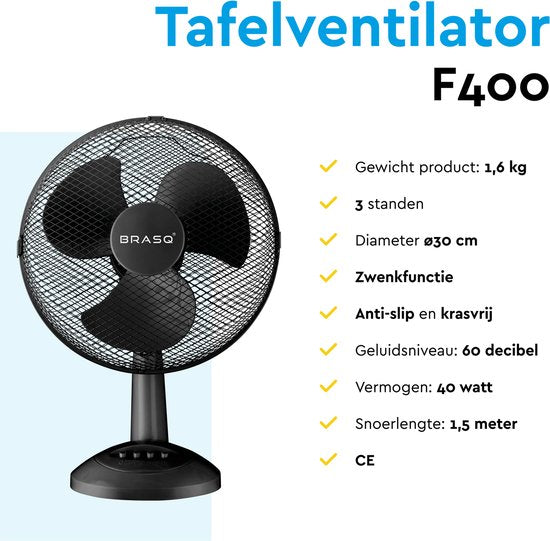 BRASQ Ventilateur de table - 30 cm - Noir - 3 vitesses - Ventilateur de table - 40 watts