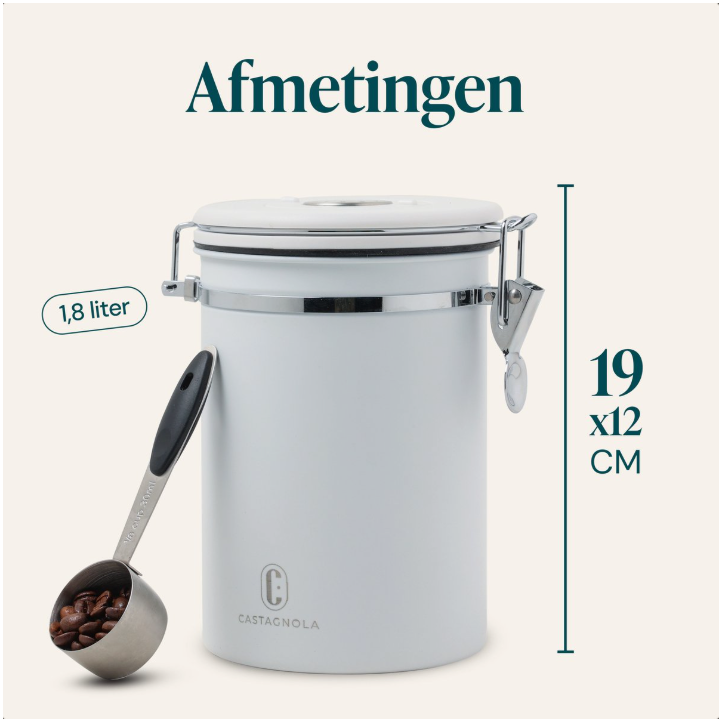 Boîte de conservation pour café Castagnola – 1,8 litre / 600 g – Boîte hermétique pour café avec évacuation de CO₂ et suivi de la date – Acier inoxydable – Blanc cassé