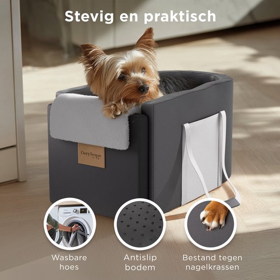 CozySense® Siège auto pour chien - Panier auto pour chien avec housse lavable - Pour petit chien - S'adapte à la console centrale - Sert également de sac de transport - Noir/Gris