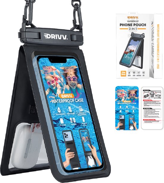 Drivv. Étui étanche pour téléphone 2 en 1 avec cordon - Universel jusqu'à 6,7 pouces - Étui étanche pour téléphone - Noir