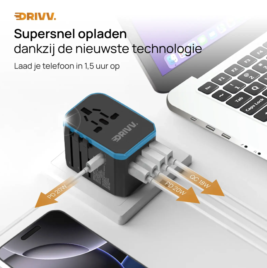 Drivv - Adaptateur universel USB-C - 6 ports - 2 300 W - Compatible avec plus de 150 pays