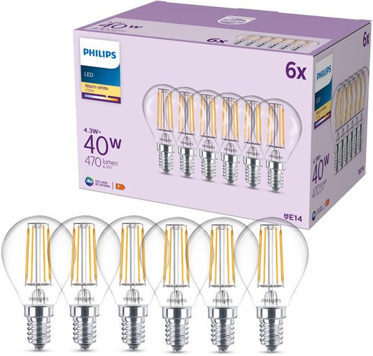 Ampoule LED Philips transparente - 40 W - culot E14 - Lumière blanc chaud ; 2700 K - lot de 6