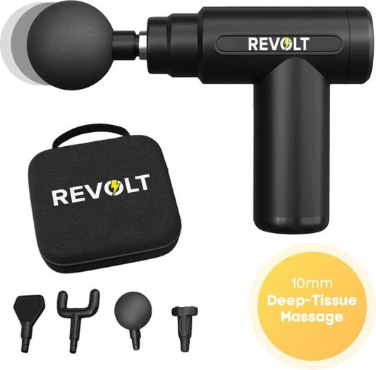 Revolt - Mini pistolet de massage - 5 accessoires inclus - Adaptateur inclus - 6 réglages de vitesse - Récupération et relaxation musculaire
