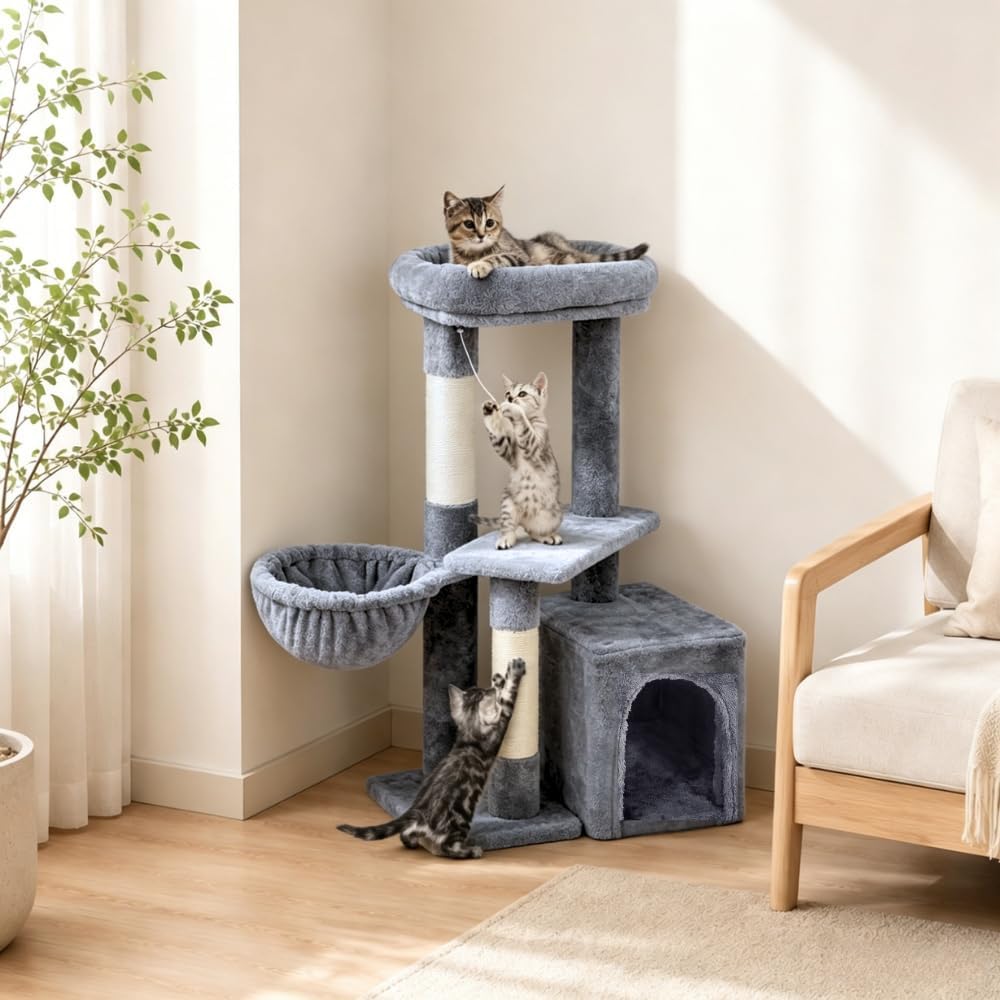 Yaheetech Arbre à chat - 87 cm - Hamac - Maison pour chat - Naturel