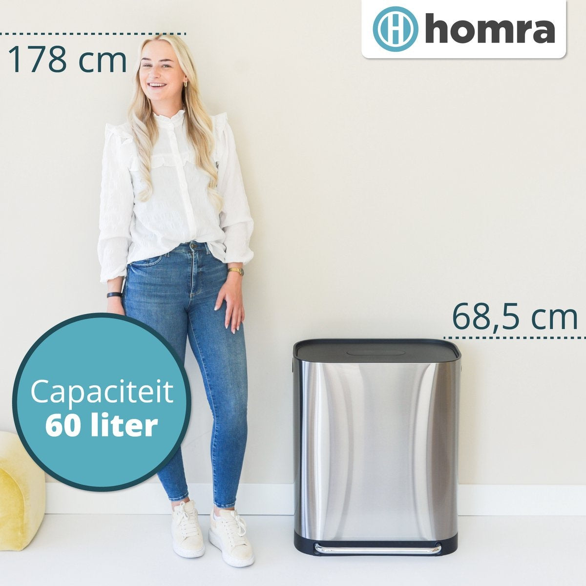 Poubelle double - Homra - 2x30L Homra Rockx - Poubelle Duo à pédale 60L avec filtre anti-odeurs - Poubelle de tri en acier inoxydable 2 compartiments - Poubelle de recyclage - Poubelle de cuisine pour le tri des déchets - Corbeille à déchets - acier inoxy