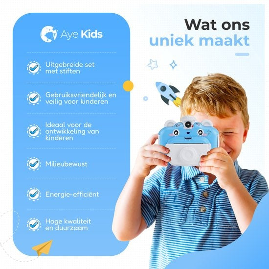 AyeKids Instant Print Kids Camera - Mini imprimante thermique - Imprimante photo - Comprend 3 rouleaux et 12 marqueurs de couleur - Bleu