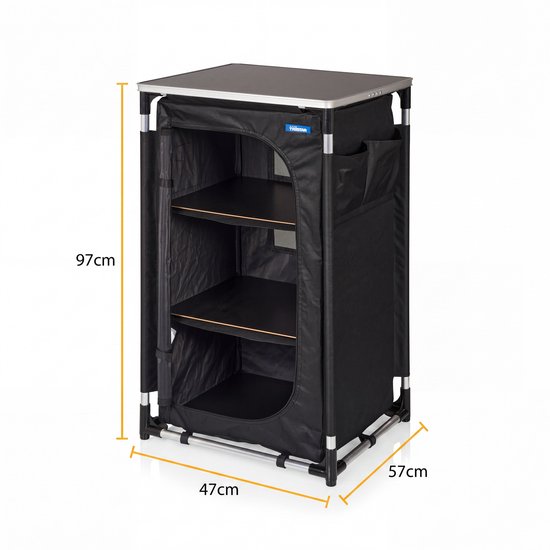 Armoire de camping pliable Tristar – Structure en aluminium – 3 étagères – Pieds réglables – Poches latérales – Sac de transport inclus – Noir - CU-0809
