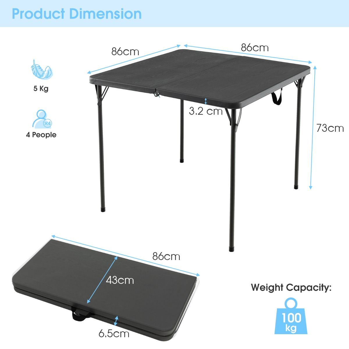 Table de camping pliable Coast - Portable avec poignée - Légère - Grise 86 x 86 x 73 cm