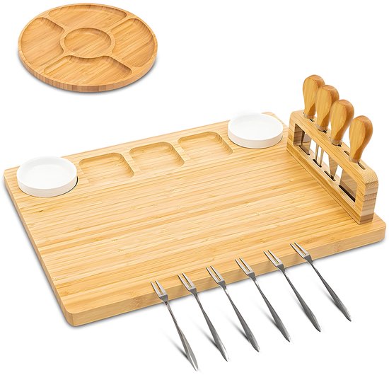 Kicinn Drinking Board - Tapas Board - Cheese Board - Serving Board - Drinking Board Wood - Incl. Cheese Knives, Forks, Bowls and Extra Serving Board - Bamboo