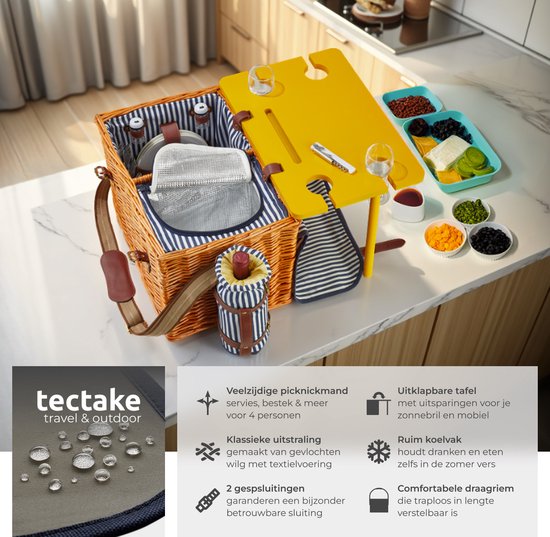 tectake® complete Picnic Basket Set Texel - Luxury 24-piece Picnic Set for 2 - Wicker Picnic Basket with Picnic Carpet - Includes Cool Box, Set of Plates, Plastic Wine Glasses and Stainless Steel Cutlery