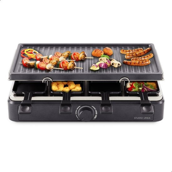 Studio Linea SLGRILL30BK Set Gourmet - 8 personnes - 1400 W - Poêles et plaque Gourmet avec revêtement antiadhésif - Raclette