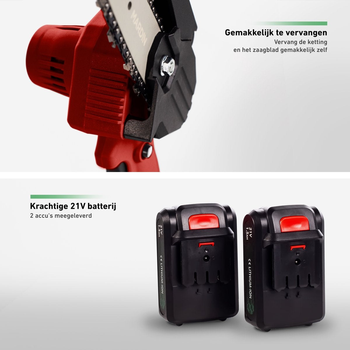 Mardin - Mini tronçonneuse - Scie d'élagage - 2 Batteries - Mallette incluse - Rouge