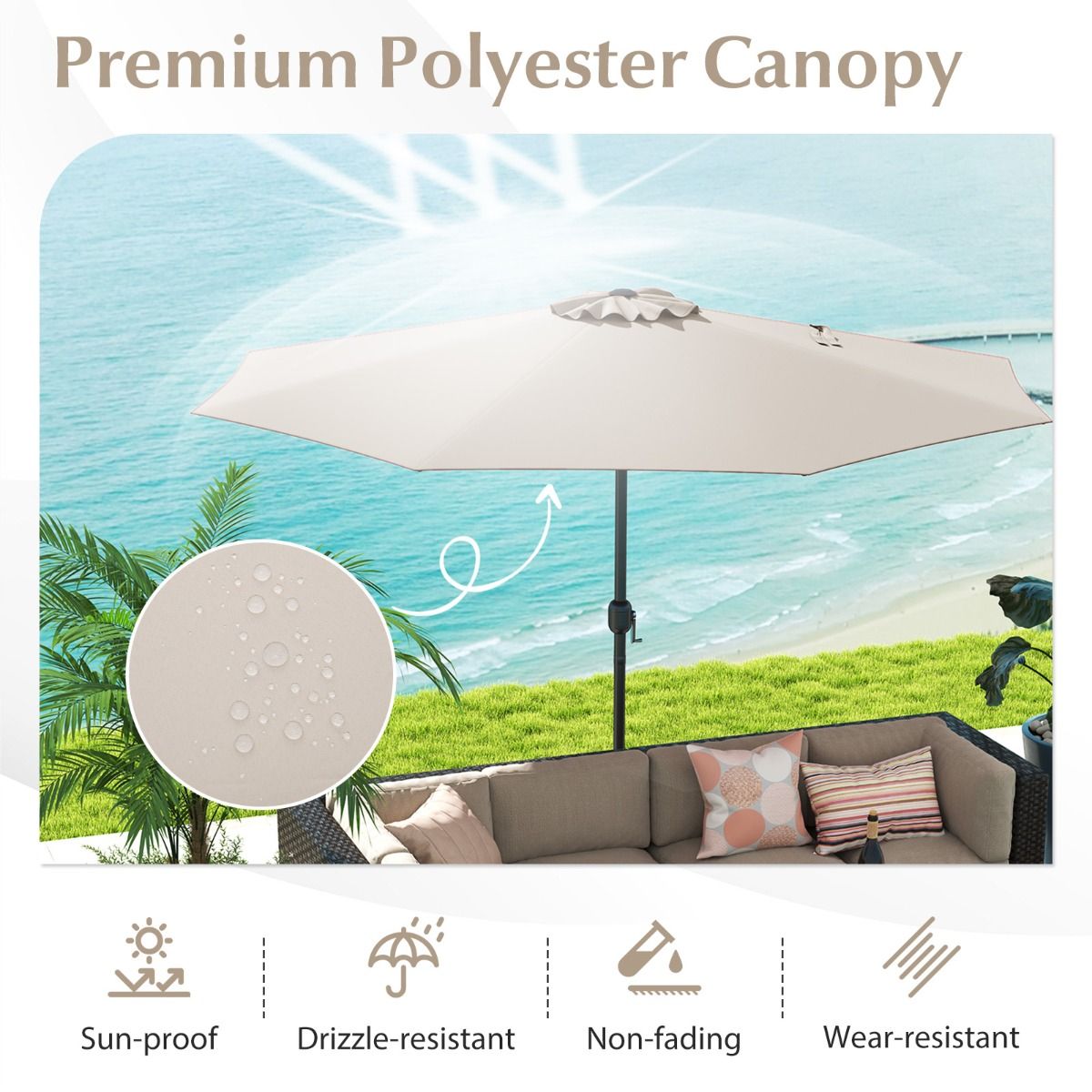 Parasol de terrasse Coast - grand parasol de table - 8 baleines robustes - beige - 360 cm