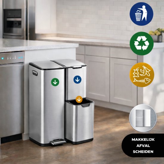 Bayt Poubelle - Poubelle 60 litres - Poubelle 60 litres - Poubelle à pédale 60 litres - Poubelle tri sélectif - Poubelle 3 compartiments - Poubelle - inox - Silver