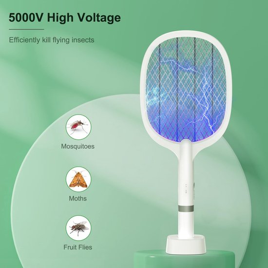 Tapette à mouches électrique 5000V 2 en 1 avec base de chargement USB C - Attrape-mouches, tue-moustiques, mouches, abeilles, papillons de nuit