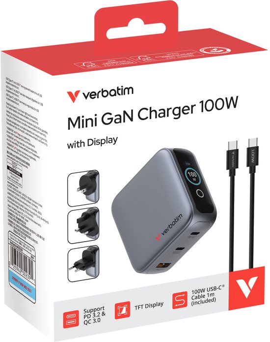 Chargeur Verbatim Mini Gan 100 W, 2 ports USB-C, 1 port USB-A, QC, pour Apple MacBook et iPhone