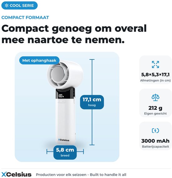 Ventilateur portable XCelsius® - Mini-ventilateur pliable - Rechargeable via USB-C - Réglage continu de 0 % à 100 % - Avec plaque de refroidissement instantanée - Blanc