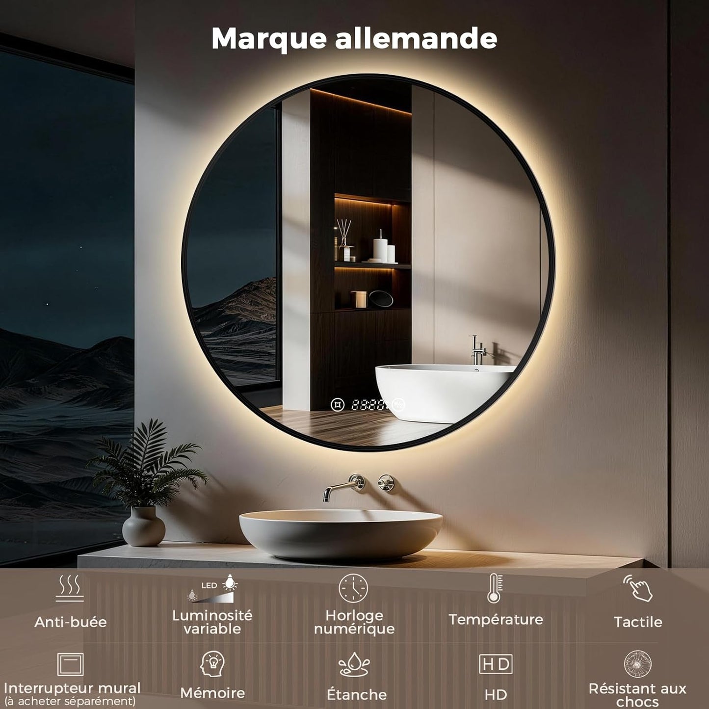 Miroir de salle de bain rond S'afielina avec éclairage LED, noir, Ø 60 x 3 cm - Intensité réglable - Anti-condensation - Horloge et affichage de la température