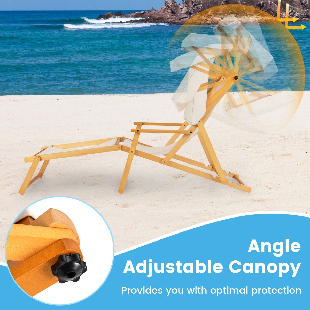 Chaise longue de plage pliable Coast Birchwood avec baldaquin, dossier et repose-pieds réglables - Beige/Naturel - 170x62x140 cm