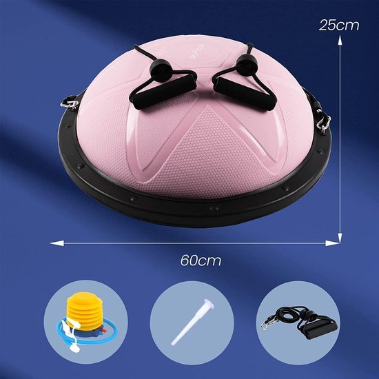DH FitLife Balance ball, yoga balance trainer, diamètre de 60 x 22 cm, chargeable jusqu'à 200 kg, demi-ballon de gym, planche d'équilibre fitness, planche d'équilibre avec pompe et 2 bandes fitness