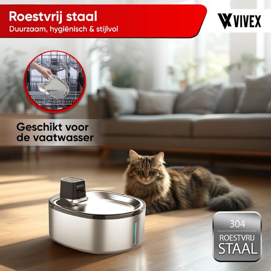 Vivex® Wireless Drinking Fountain - Acier inoxydable - 4,5 litres - Fontaine à eau pour chats et chiens - Avec capteur et batterie - 12 filtres et outil de nettoyage inclus - Silencieux - Filtres supplémentaires