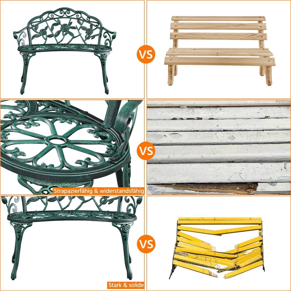 Banc de jardin vintage Yaheetech 99,5 x 57 x 78,5 cm - Vert - 2 places - Métal - 227 kg
