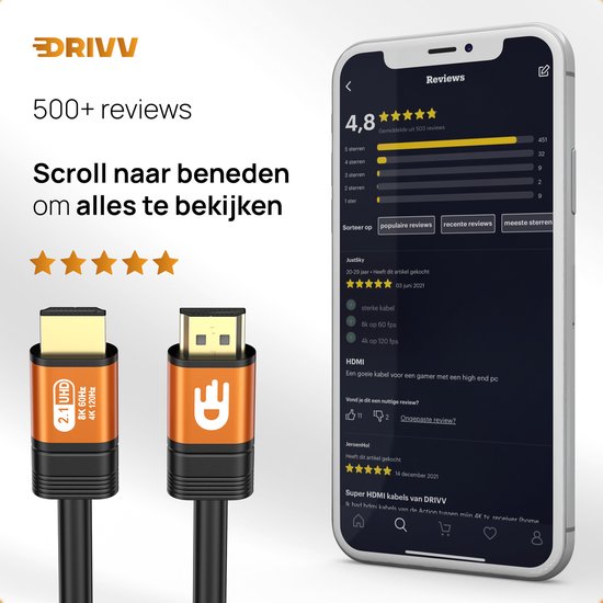 Drivv. Câble HDMI Premium 2.1 - Ultra HD - 8K 60Hz - 4K 120Hz - Convient à Xbox Series X & PS5 - 1 mètre - Orange