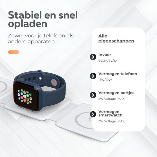 Wurk - Chargeur sans fil 3-en-1 - Comprend un adaptateur de charge rapide - Pliable - Convient à iPhone et Android - 15W