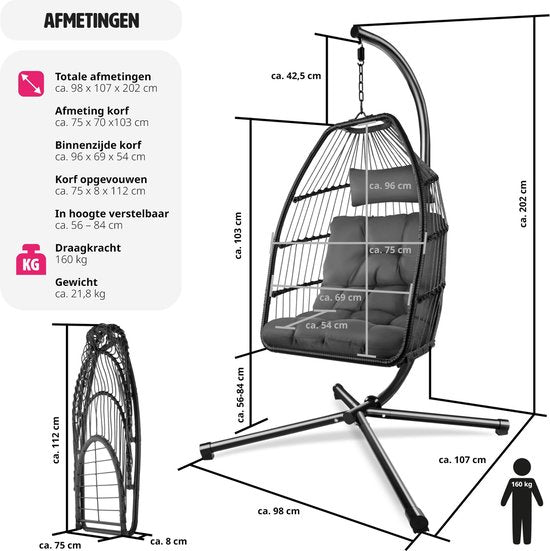 tectake® - Chaise suspendue de luxe - chaise pliante et pivotante avec support - coussins épais - pieds antidérapants - housse de protection incluse. Idéal pour le jardin, la terrasse, la chambre - gris foncé