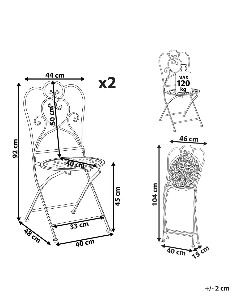 Lot de 2 chaises de jardin pliantes - Métal - Beige clair - 44 x 48 x 92 cm