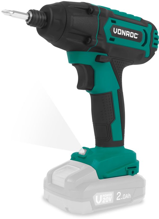 VONROC Accu Visseuse à percussion 20V - 180Nm - Prise : 6,35 mm ¼" - Embouts de vissage, porte-embouts mag-net et porte-capuchon inclus - Batterie et chargeur rapide inclus